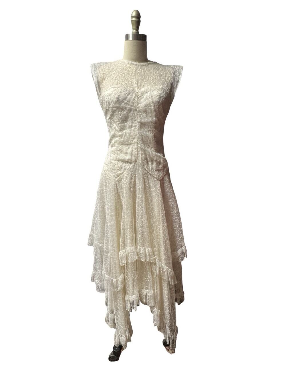 Vtg 70's Fairy Dress S Cream Lace Tiered Handkerchief Western Ethereal Whimsy